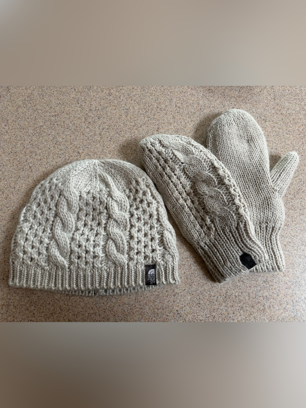 North Face Oatmeal Color Matching Beanie and Mittens